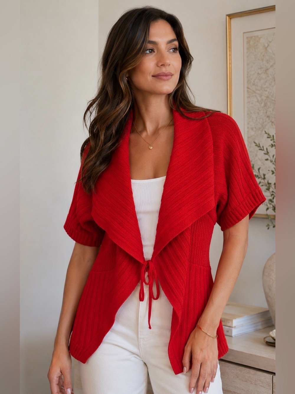 St. John M Red Wool Knit Tie Front Cardigan Sweater Shawl Collar quiet luxury